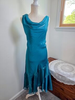 Vintage Y2K Citi Clothing Teal Asymmetrical Midi Fairy Evening Dress